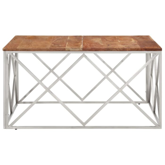 Table basse argenté acier inoxydable et bois massif d'acacia – Image 2