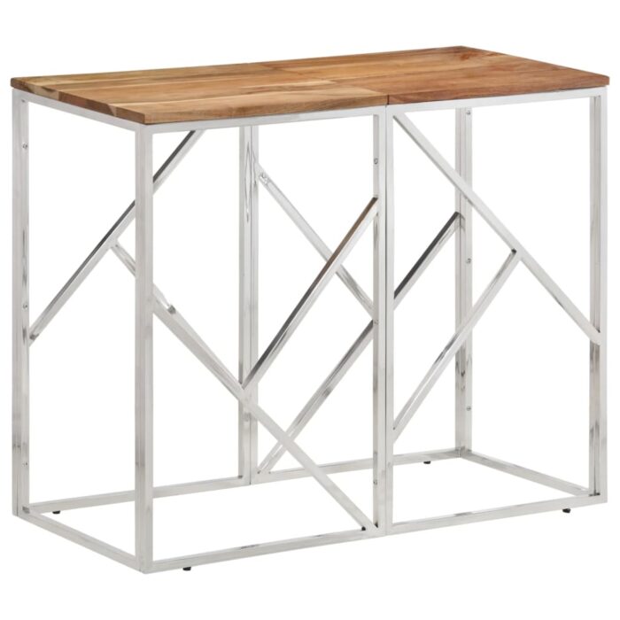 Table console argenté acier inoxydable et bois massif d'acacia – Image 1