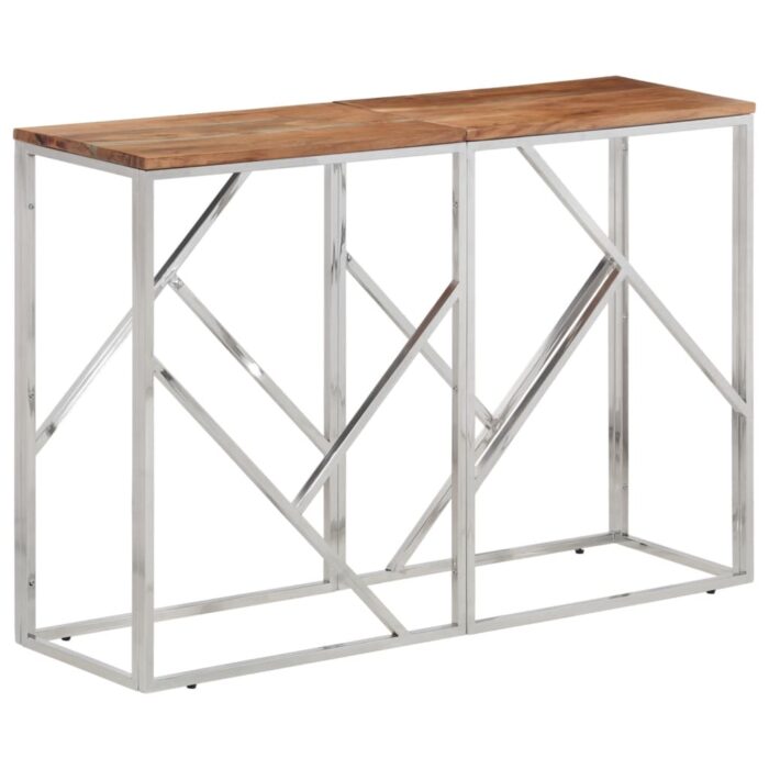Table console argenté acier inoxydable et bois massif d'acacia – Image 1