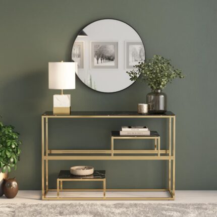 Table console doré acier inoxydable et verre trempé