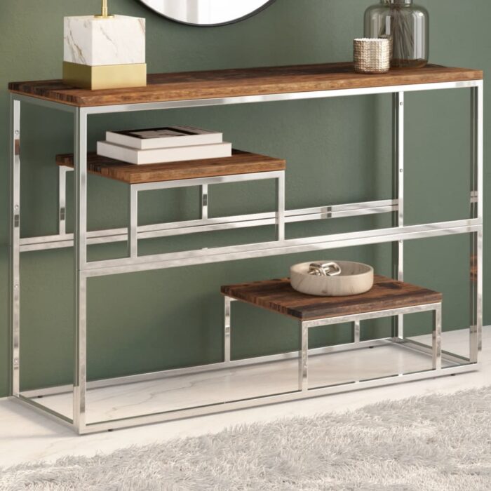 Table console argenté inox et bois de mélèze massif – Image 1