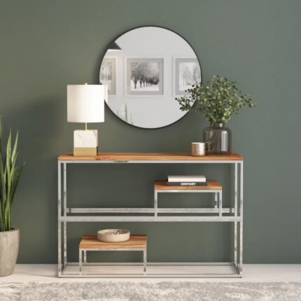 Table console argenté acier inoxydable et bois massif d'acacia