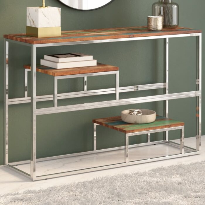 Table console argenté inox et bois de récupération massif – Image 1