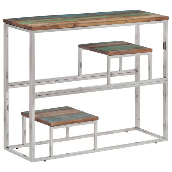 Table console argenté acier inoxydable/bois massif récupération – Image 1