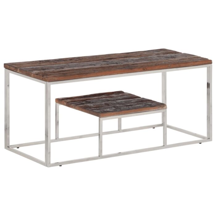Table basse argenté acier inoxydable et bois de mélèze massif – Image 1