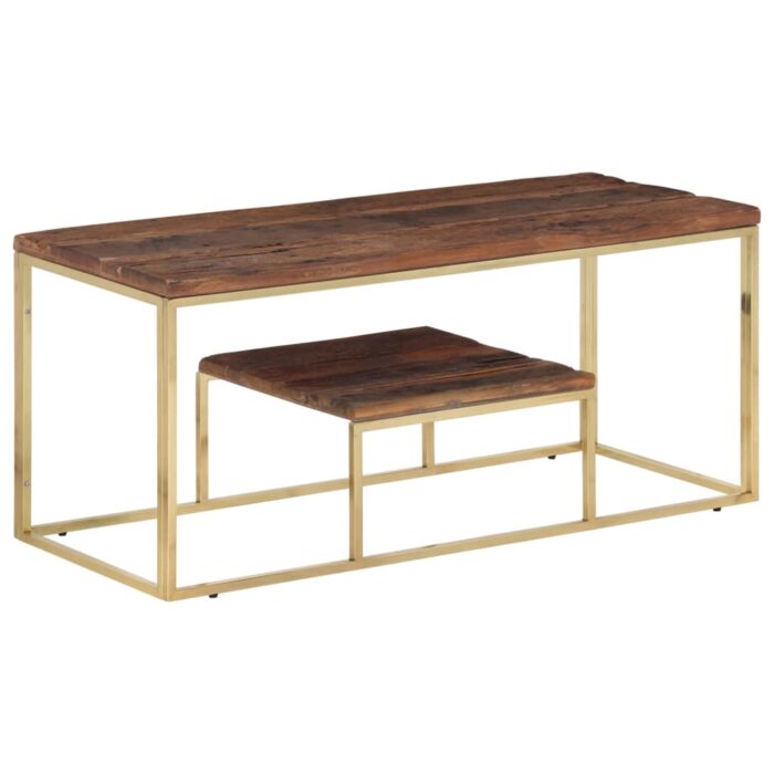 Table basse doré acier inoxydable et bois de mélèze massif – Image 1