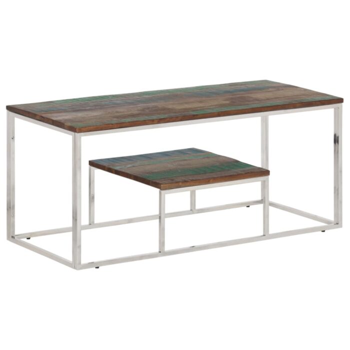 Table basse argenté acier inoxydable/bois massif récupération – Image 1