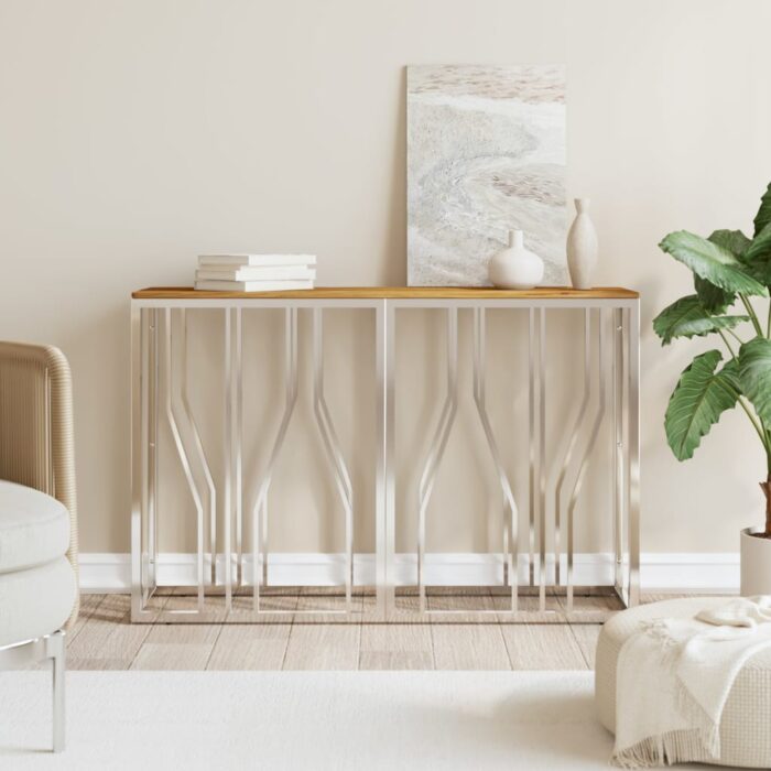 VXL8720287200093_m_en_hd_1.jpg Table console argenté acier inoxydable et bois massif d'acacia – Image 1