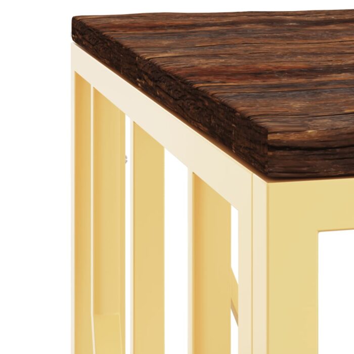 Table basse doré acier inoxydable et bois massif récupération – Image 3