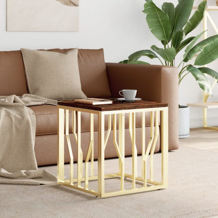 Table basse doré acier inoxydable et bois massif récupération – Image 1
