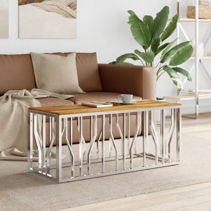 VXL8720287200338_m_en_hd_1.jpg Table basse argenté acier inoxydable et bois massif d'acacia – Image 1