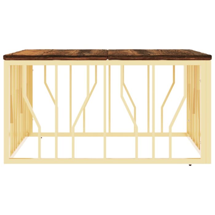 Table basse doré acier inoxydable et bois massif récupération – Image 2