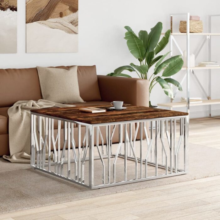 VXL8720287200475_m_en_hd_1.jpg Table basse argenté acier inoxydable/bois massif récupération – Image 1