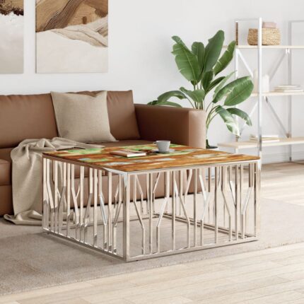 Table basse argenté acier inoxydable/bois massif récupération