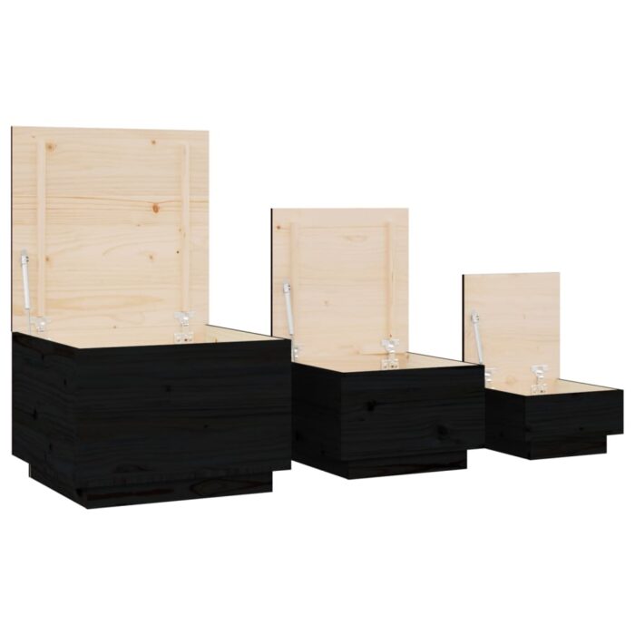 Boîtes de rangement et couvercles 3 pcs Noir Bois massif de pin – Image 4