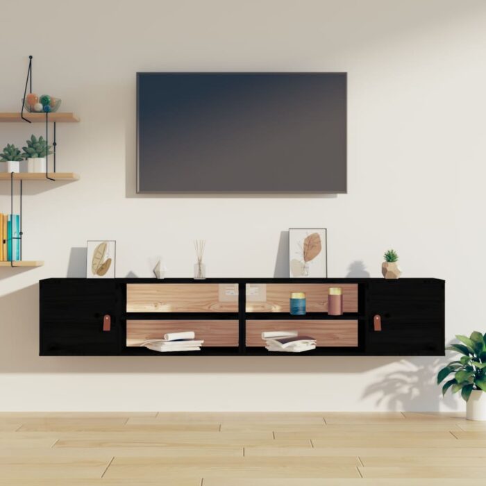 Armoires murales 2 pcs Noir 80x30x30 cm Bois de pin massif – Image 1