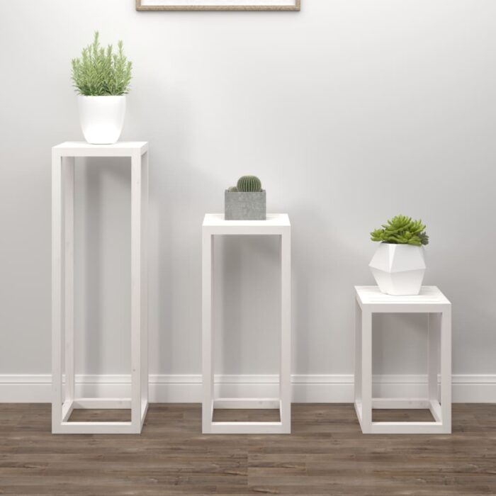 Ensemble de supports pour plantes 3pcs Blanc Bois de pin massif – Image 1