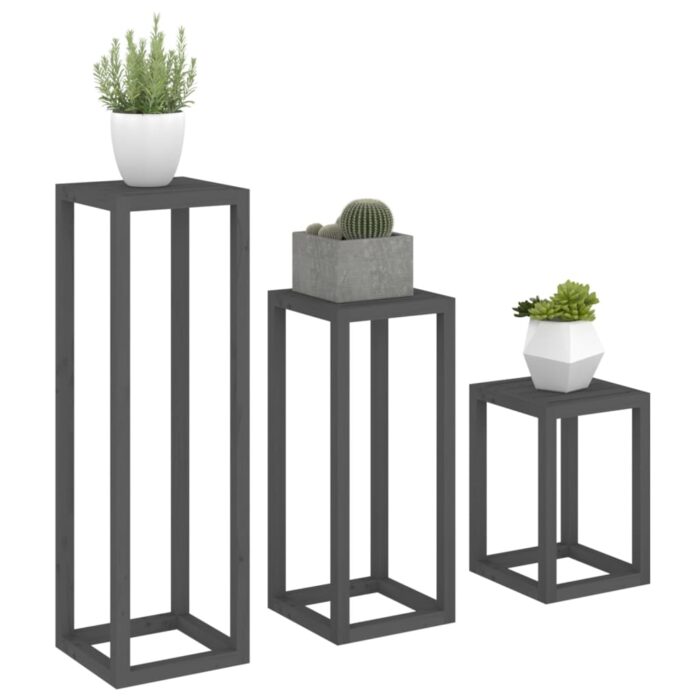 Ensemble de supports pour plantes 3 pcs Gris Bois de pin massif – Image 2