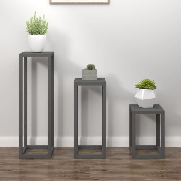 Ensemble de supports pour plantes 3 pcs Gris Bois de pin massif – Image 1