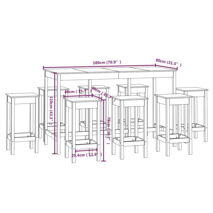 Ensemble de bar 9 pcs Blanc Bois de pin massif – Image 7