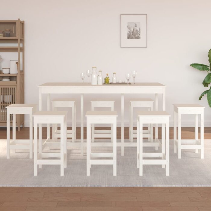 Ensemble de bar 9 pcs Blanc Bois de pin massif – Image 1