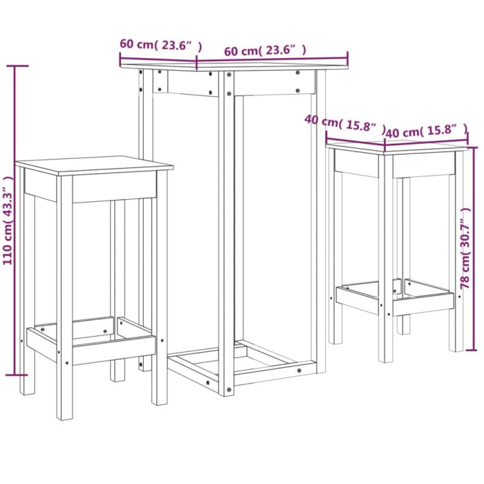 Ensemble de bar 3 pcs Bois de pin massif – Image 9