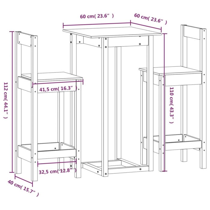 Ensemble de bar 3 pcs Bois de pin massif – Image 7