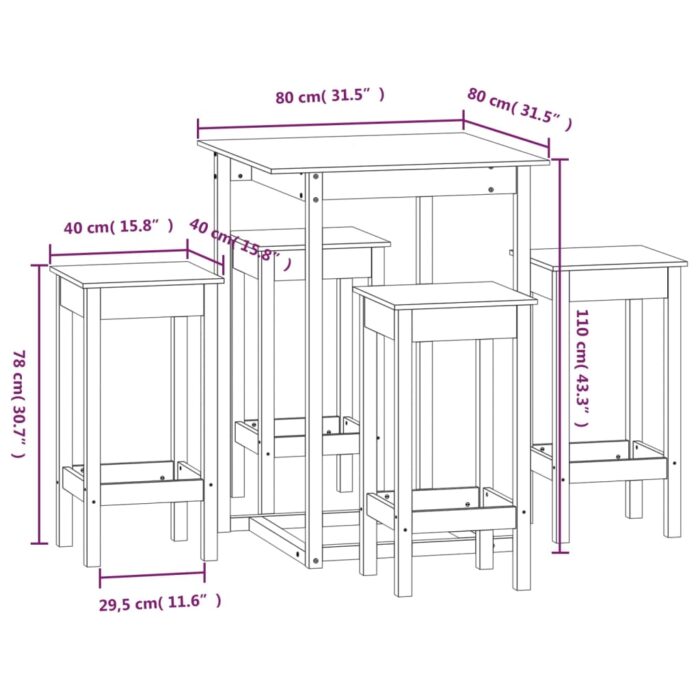 Ensemble de bar 5 pcs Blanc Bois de pin massif – Image 7