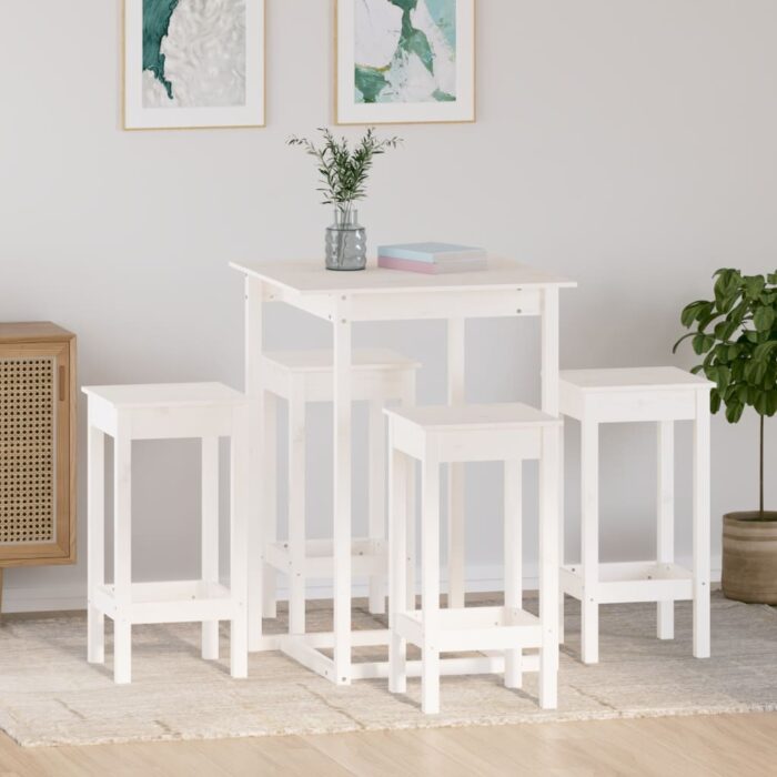 Ensemble de bar 5 pcs Blanc Bois de pin massif – Image 1