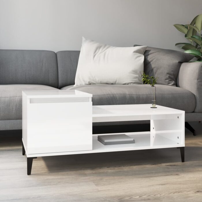 Table basse Blanc brillant 100x50x45 cm Bois d'ingénierie – Image 1