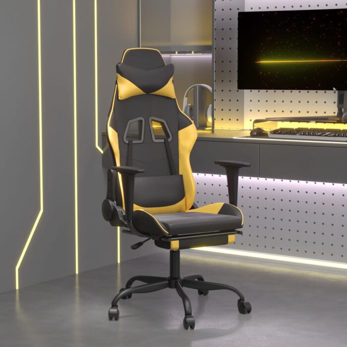 Chaise de jeu avec repose-pied Noir et doré Similicuir – Image 1
