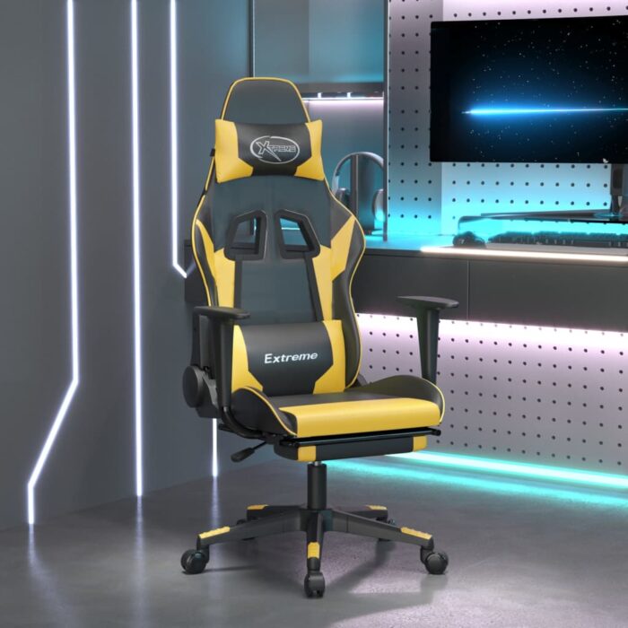 Chaise de jeu avec repose-pied Noir et doré Similicuir – Image 1