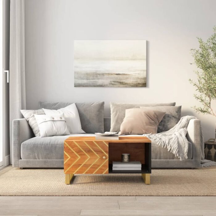 Table basse marron et noir 80x50x40 cm bois de massif manguier – Image 1