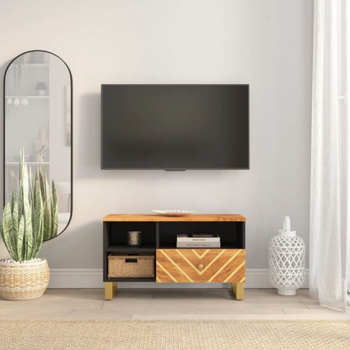 Meuble TV marron et noir 80x33,5x46 cm bois massif de manguier – Image 1