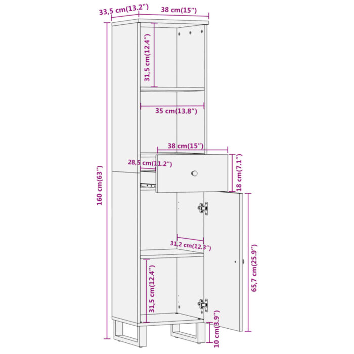 Armoire bain marron et noir 38x33,5x160 cm bois massif manguier – Image 10