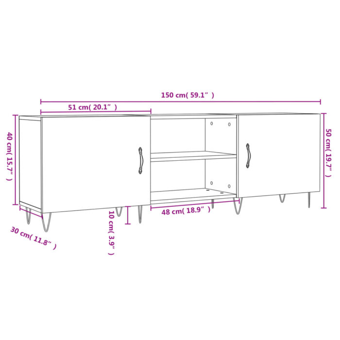 Meuble TV noir 150x30x50 cm bois d'ingénierie – Image 10