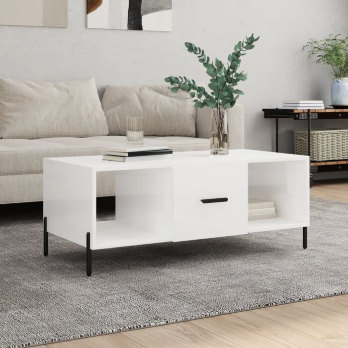 Table basse Blanc brillant 102x50x40 cm Bois d'ingénierie – Image 1