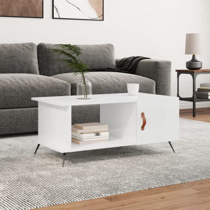 Table basse Blanc brillant 90x50x40 cm Bois d'ingénierie – Image 1