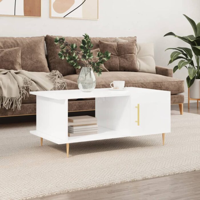 Table basse Blanc brillant 90x50x40 cm Bois d'ingénierie – Image 1