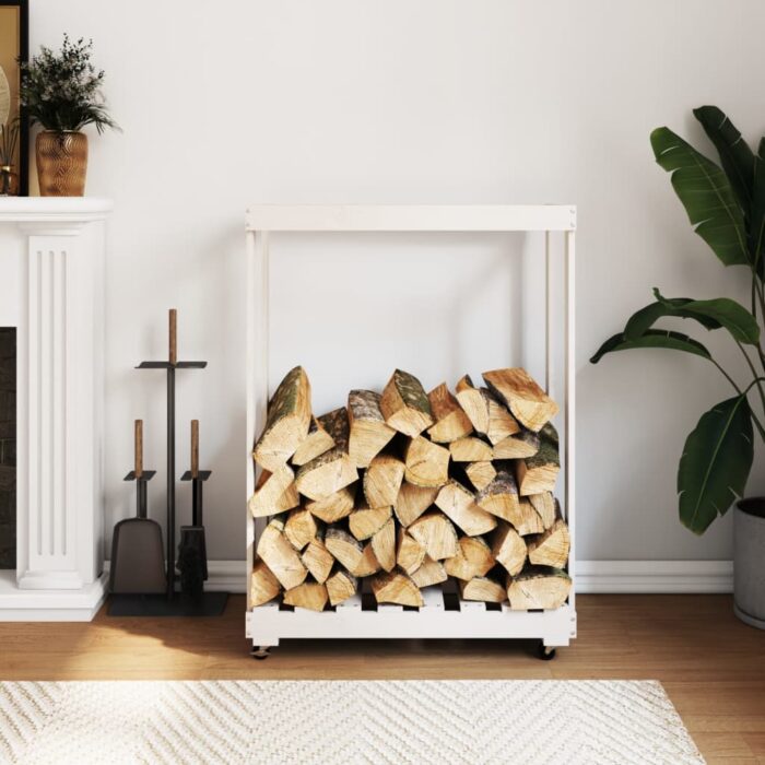 Porte-bûches avec roulettes blanc 76,5x40x108cm bois massif pin – Image 1
