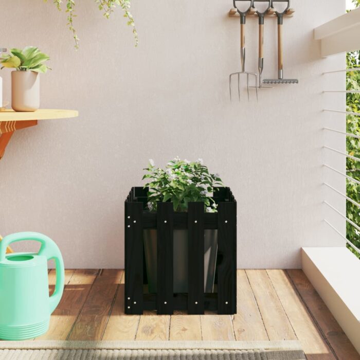 Jardinière avec design de clôture noir 40x40x40 cm pin massif – Image 1