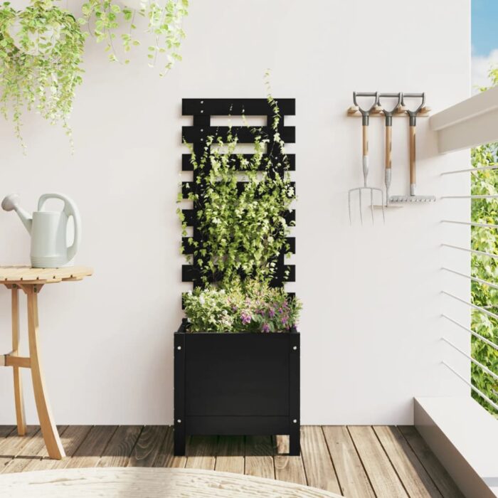 Jardinière avec support noir 39x39,5x114 cm bois de pin massif – Image 1