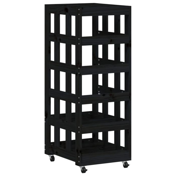 Porte-bûches avec roulettes noir 40x49x110 cm bois massif pin – Image 2