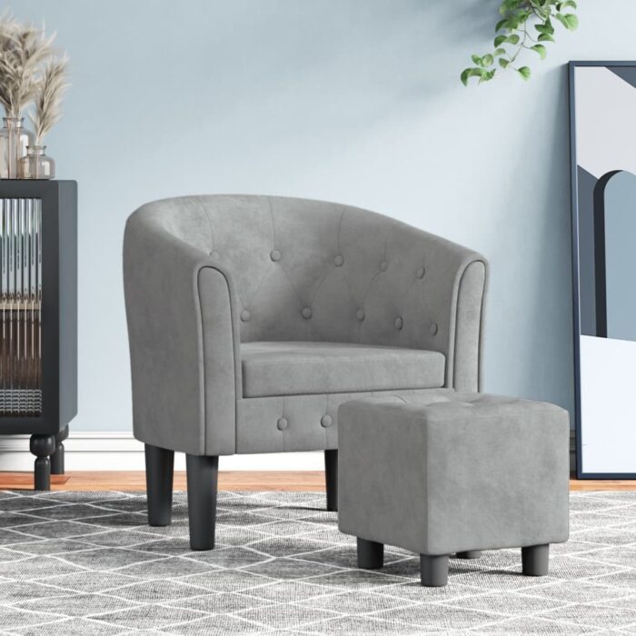 Fauteuil avec repose-pied gris clair velours – Image 1