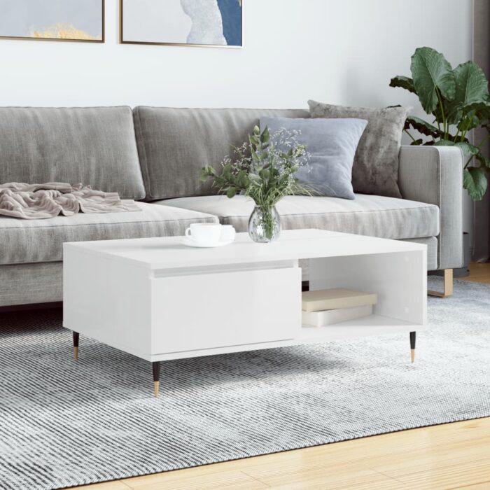 Table basse blanc brillant 90x60x35 cm bois d'ingénierie – Image 1