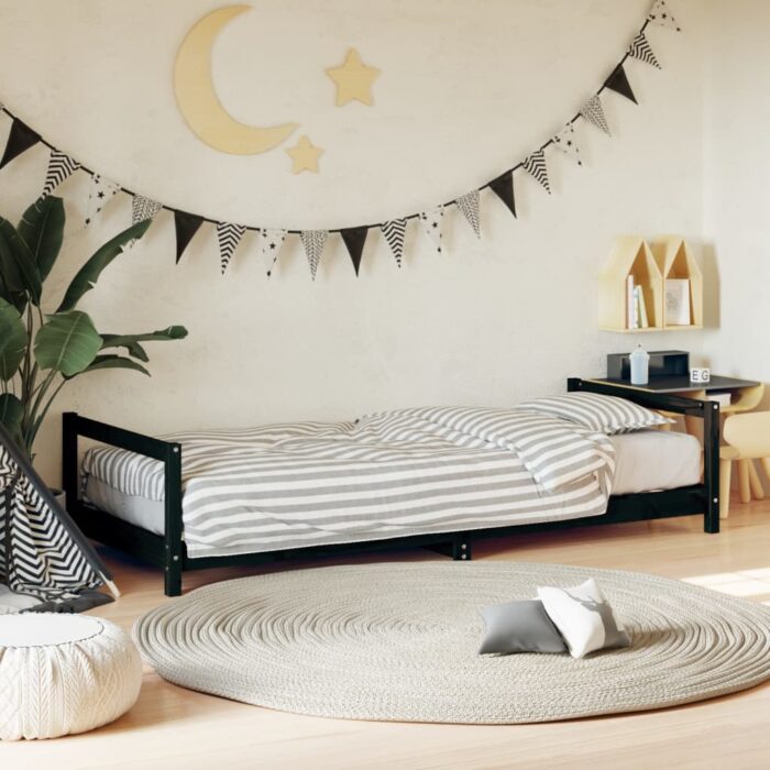 Cadre de lit pour enfants noir 90x190 cm bois de pin massif – Image 1