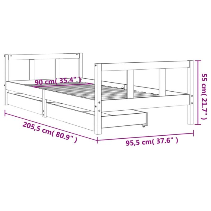 Cadre de lit enfant avec tiroirs noir 90x200 cm bois pin massif – Image 8