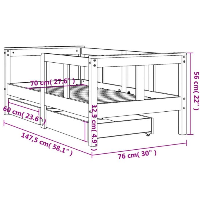Cadre de lit enfant tiroirs blanc 70x140 cm bois de pin massif – Image 9