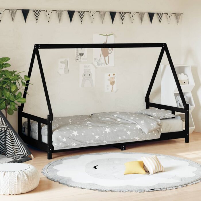 Cadre de lit pour enfants noir 90x200 cm bois de pin massif – Image 1