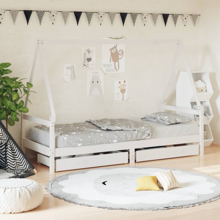 Cadre de lit enfant tiroirs blanc 90x200 cm bois de pin massif – Image 1